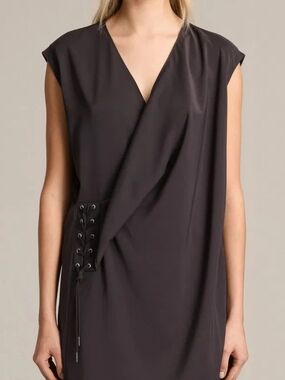 AllSaints Black Wrap Mini Dress with Lace-Up Detail